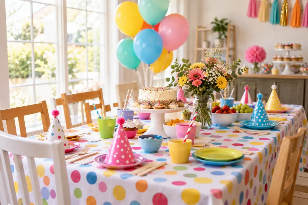 Mesa de cumpleaños decorada con torta, globos y sombreros de fiesta en Wow Park Talca