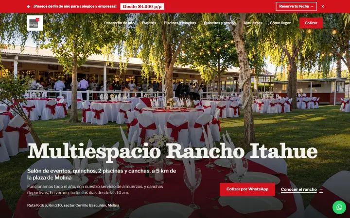 Portada de ranchoitahue.cl en un computador: salón de eventos, quinchos, piscinas y canchas en Molina