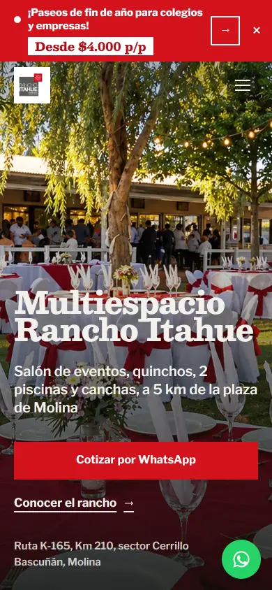 Primer pantallazo en celular de ranchoitahue.cl, la web de Rancho Itahue