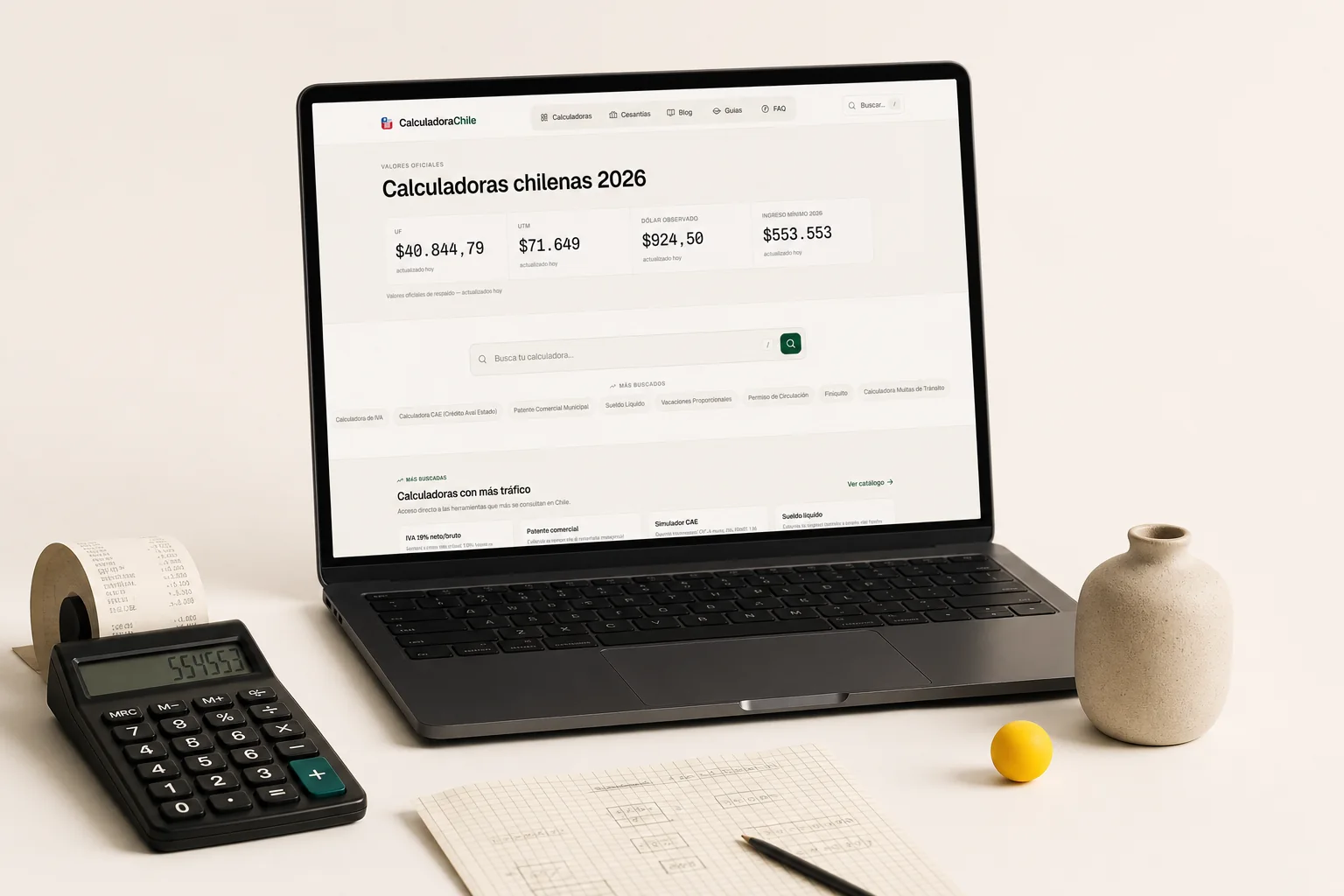 Laptop con la portada de CalculaChile junto a una calculadora, recibo y papel cuadriculado